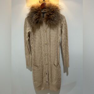 Women's Beige Cable Knit Sweater with Fur Collar